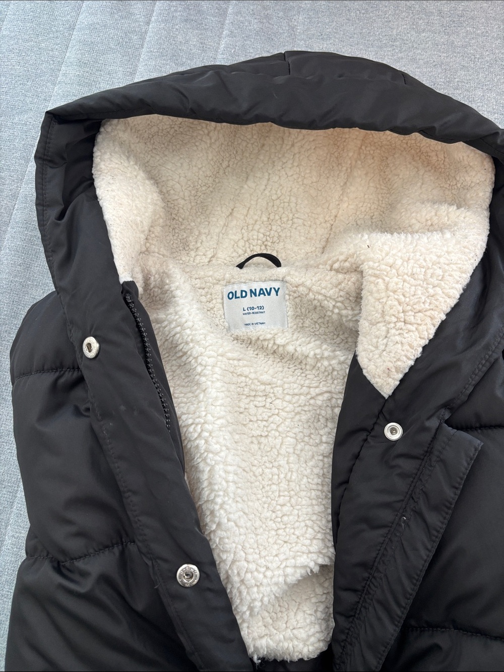 Old Navy Black Hooded Puffer with Cream Sherpa Lining - Picture 5 of 5